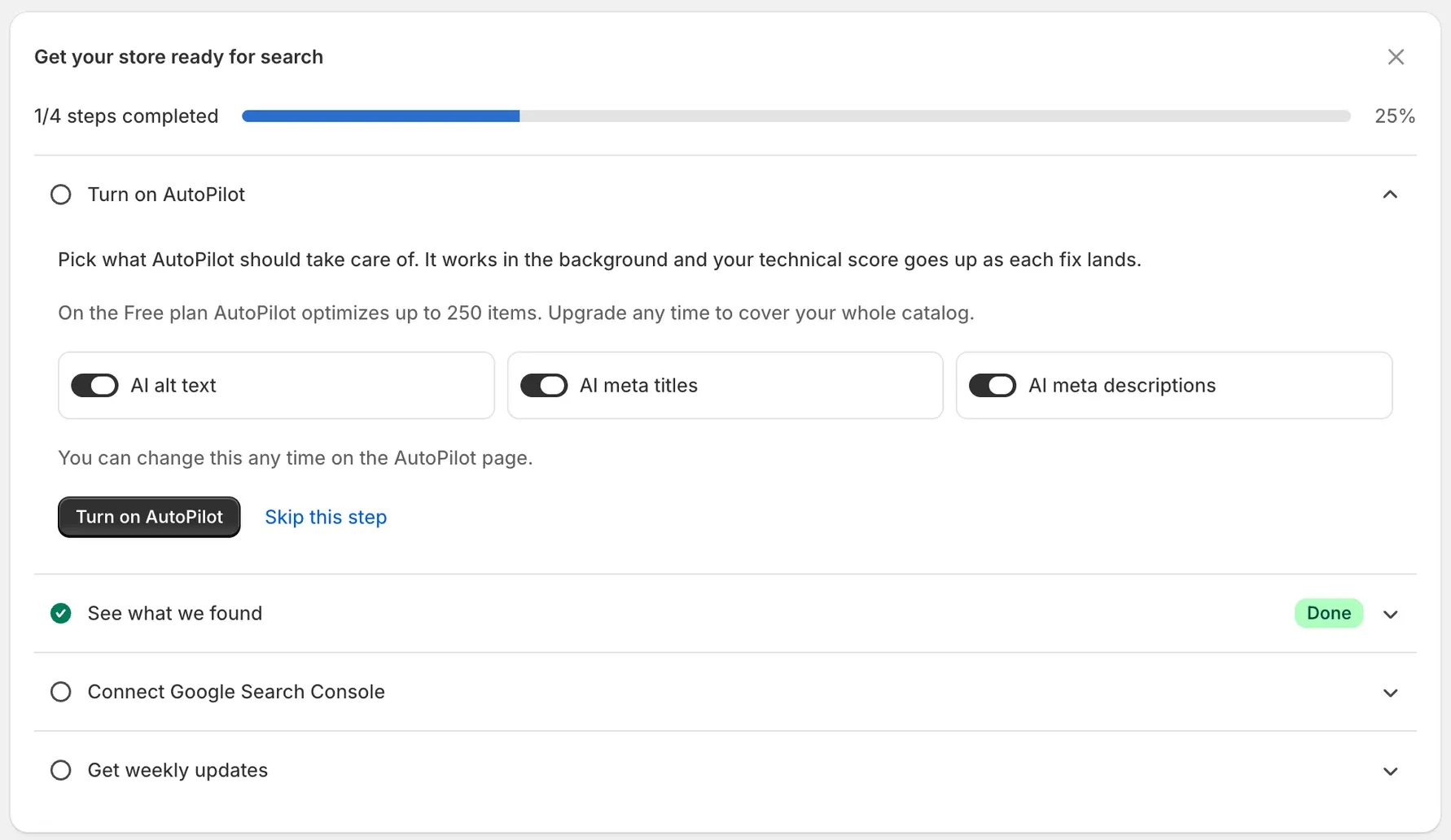 The "Get your store ready for search" checklist on the SEO Node dashboard: Turn on AutoPilot with switches for AI alt text, AI meta titles and AI meta descriptions, See what we found marked Done, Connect Google Search Console and Get weekly updates.